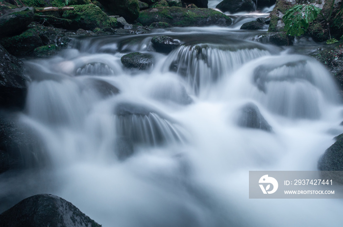 Blurred motion of water flowing through river rocks.