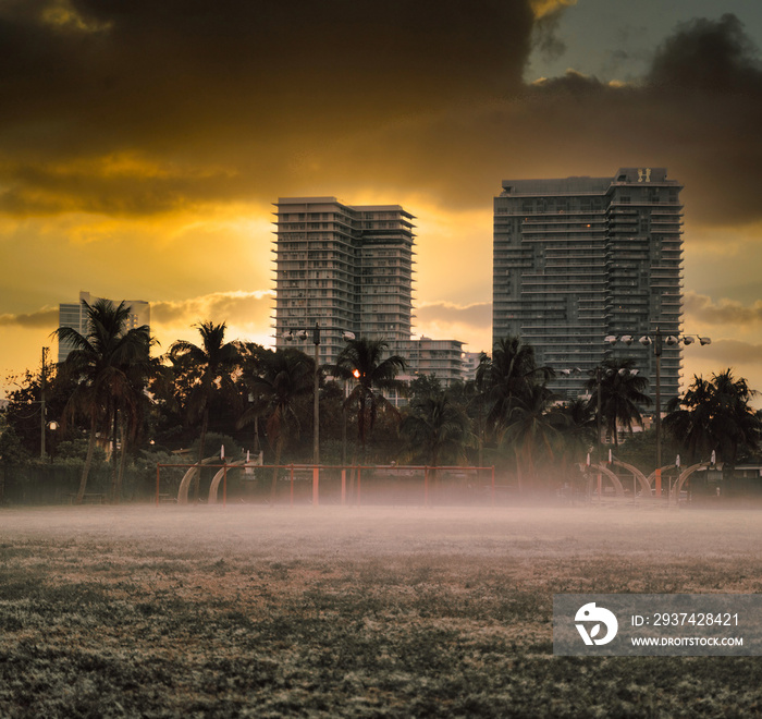 city haze clouds field court basketball palms trees buildings midtown miami florida sky reflection s