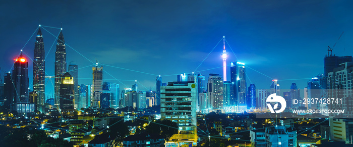 Network and Connection technology concept with city skyline , night scene .