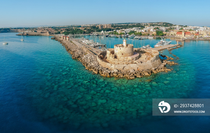 Aerial birds eye view drone photo of Rhodes city island, Dodecanese, Greece. Panorama with Mandraki 