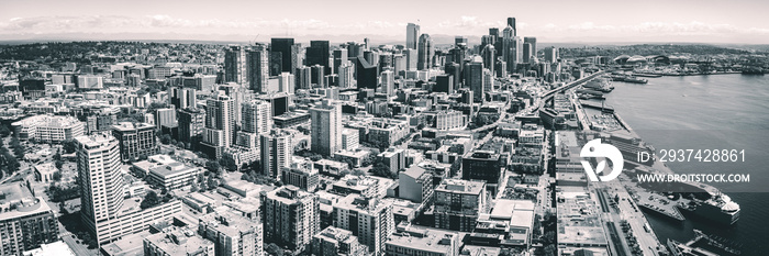 Black and White Seattle Waterfront Aerial Panorama