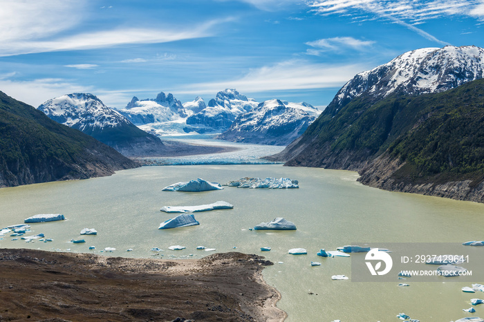 Glacial lake with small icebergs floating, Laguna San Rafael National Park, Aysen Region, Patagonia,