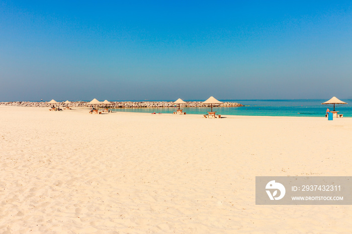 Panoramic view on nice Al Mamzar beach in Dubai, UAE. United Arab Emirates famous tourist destinatio