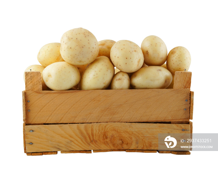 Potato in grunge wooden box isolated 