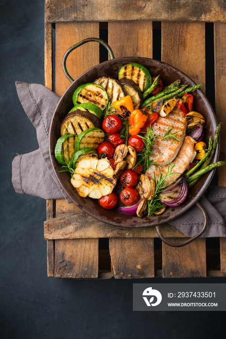 Seasonal summer grilled vegetables and chicken breast