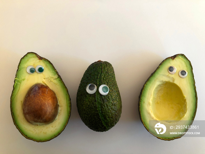 Creative fun food photography, avocados with googly eyes