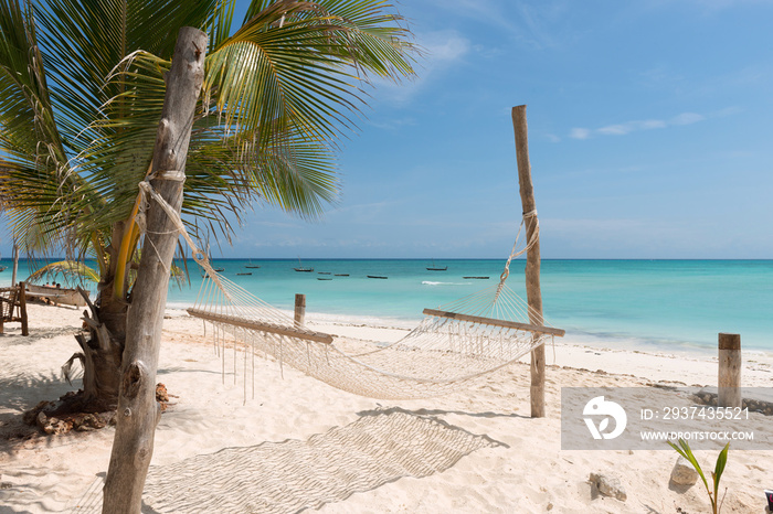 white handmade hammock with palm tree on Zanzibar beach