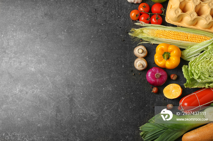 Variety of food products on grey background