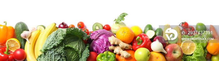 Composition with fresh vegetables and fruits isolated on white background