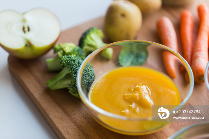 vegetable puree or baby food in glass bowl