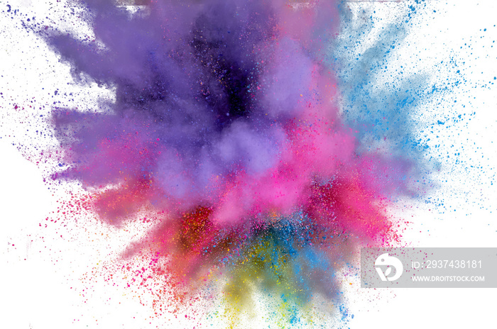 Colored powder explosion. Abstract closeup dust on backdrop. Colorful explode. Paint holi