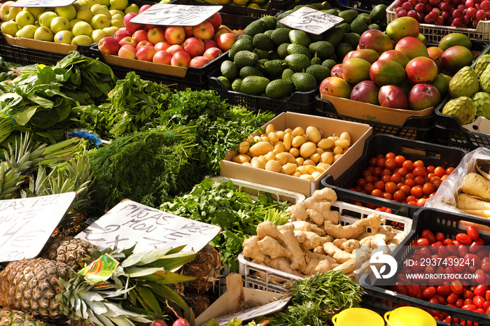 Fresh fruits and vegetables for sale in a local farmers market