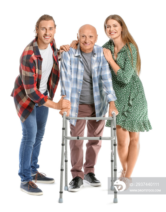 Elderly man with relatives on white background