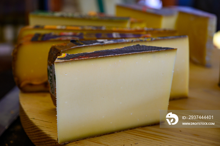 Farmer shop in Poligny, Jura, France, along touristic Comte cheese route, assortment of Compe cheese