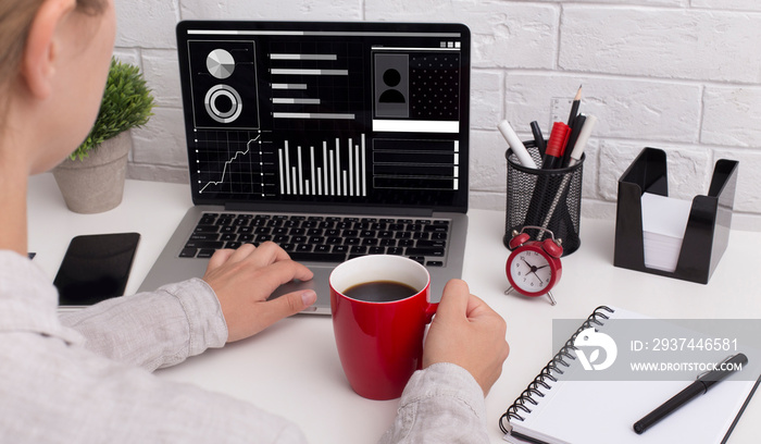 Female financial analyst working on laptop at office, studying statistics graphs