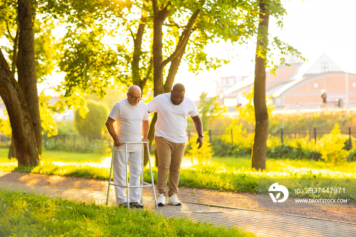 Caregiver is teaching old man to walk with walker. Professional nurse and patient walking outdoor at