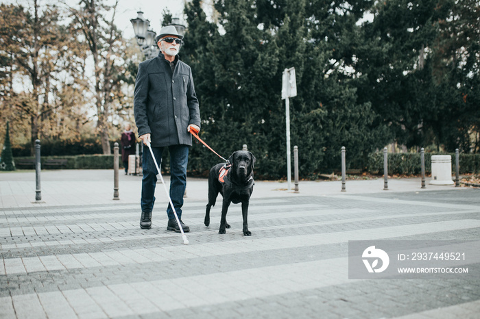 Guide dog helping blind man to cross the street.