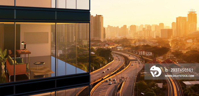 Panoramic view of beautiful evening cityscape