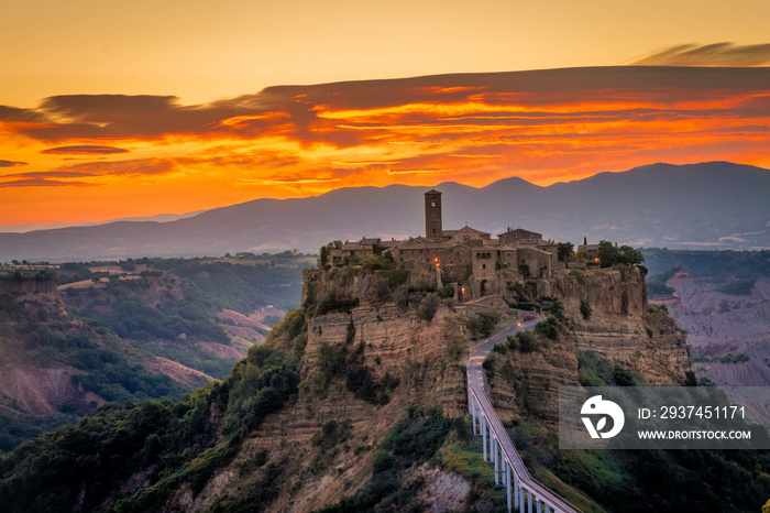 Amazing sunrise over Civita di Bagnoregio, ghost town in Latium in Central Italy