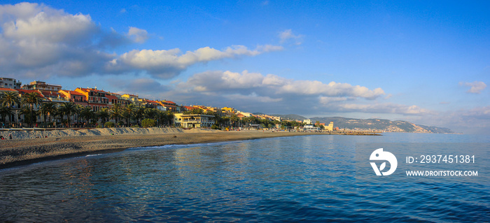 The beach and the promenade of Loano resort in Liguria, Italy