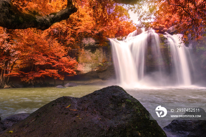 Beautiful waterfall with sunlight in jungle, Haew Suwat Waterfall at khao yai Nakhonratchasima provi