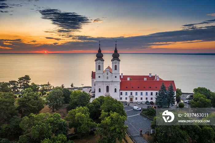 Tihany, Hungary - Aerial skyline view of the famous Benedictine Monastery of Tihany (Tihany Abbey) w