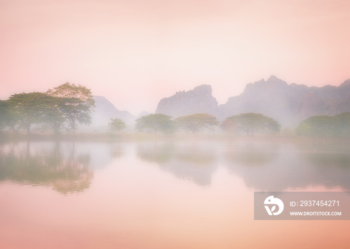 雾蒙蒙的早晨景观，湖水中树木倒影，令人惊叹的水彩景观。缅甸Hpa An
