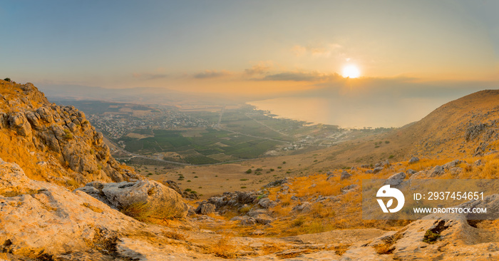 Panoramic sunrise view of the Sea of Galilee from Arbel