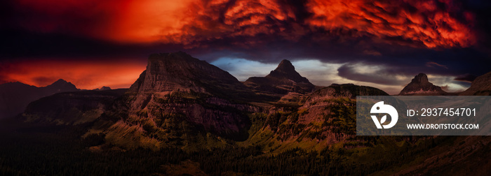 Beautiful Panoramic View of American Rocky Mountains. Dramatic Colorful Sunset Artistic Render. Land