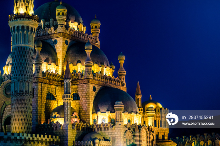 District Old Market in Sharm El Sheikh, Egypt. Al-Sahaba Mosque, beautiful evening view with bright 