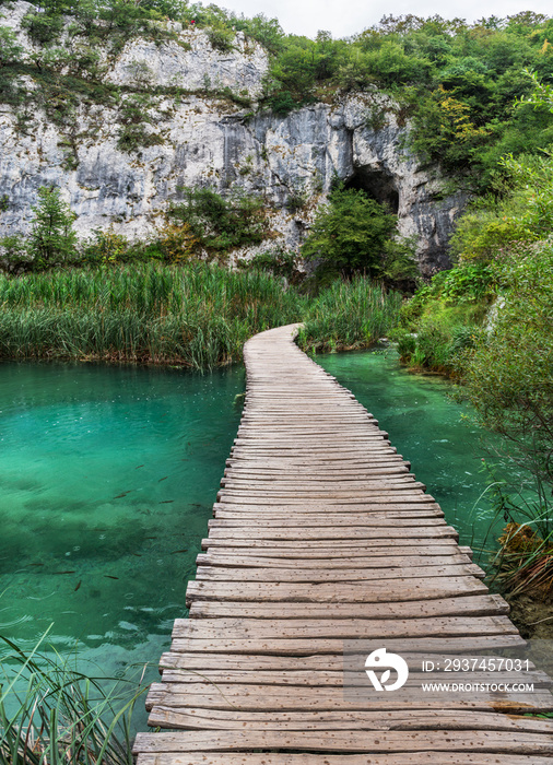 Plitvice Lakes国家公园是克罗地亚最古老、最大的国家公园之一。Lake and wa