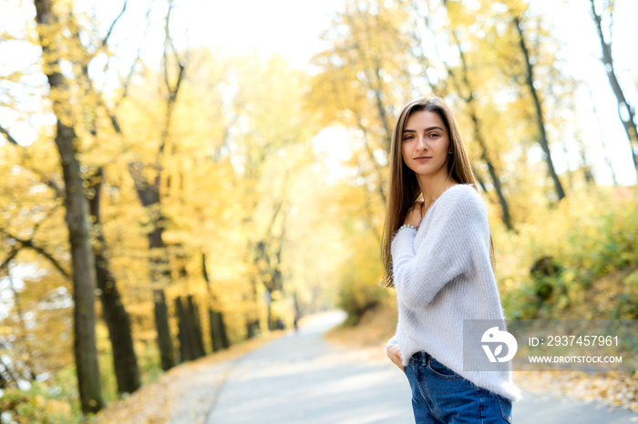 秋天公园里穿着休闲服的深色女人的肖像。美女周围是黄色