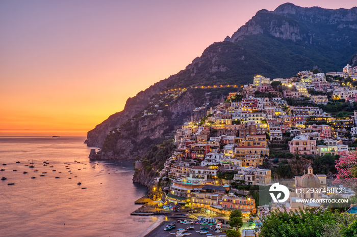 View of Positano on the italian Amalfi coast after sunset