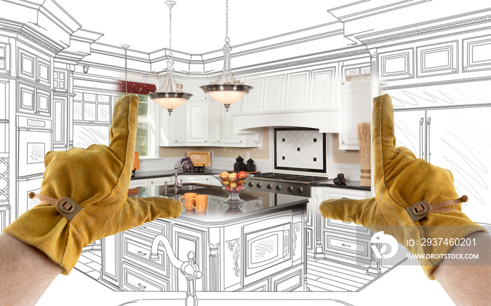 Male Contractor Hands Framing Completed Section of Custom Kitchen Design Drawing