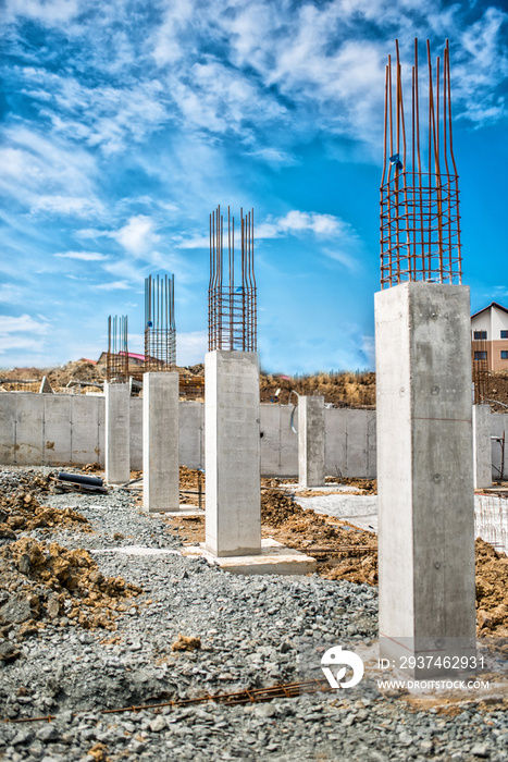 Reinforced steel bars on construction pillars, concrete details