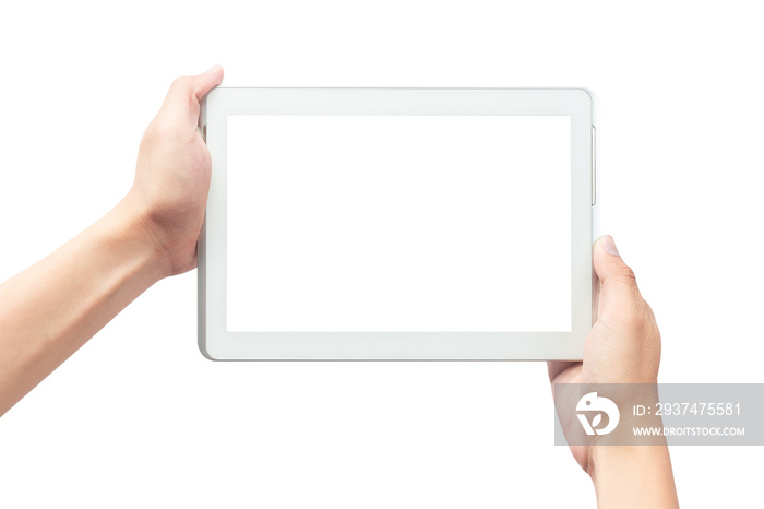 Male hand holding the white tablet pc computer with blank screen isolated on white background with c