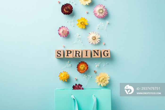 Top view photo of womans day composition blast of wooden cubes with word spring and multicolor fiel