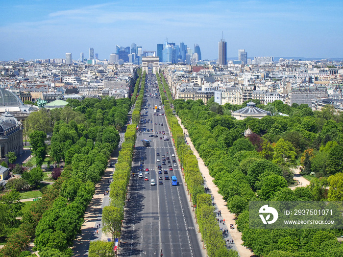 Avenue des Champs-Élysées view from above with skyscrapers of La Défense on the horizon