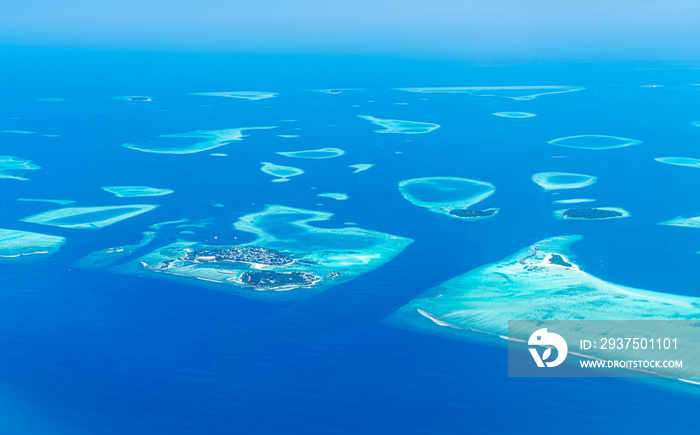 Maldives islands top view from airplane window