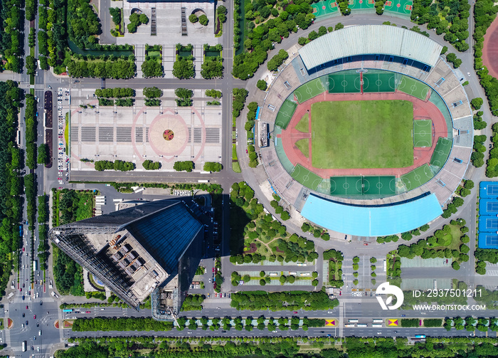 An aerial view of a museum and football stadium