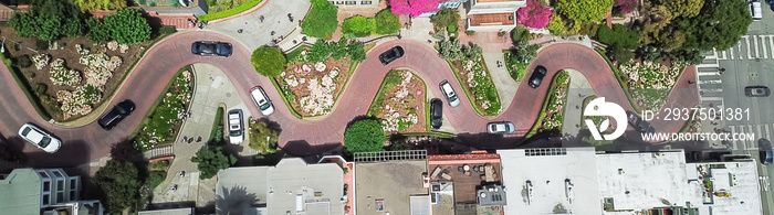 Panorama view aerial Lombard Street, an east–west street in San Francisco, California. Famous for st