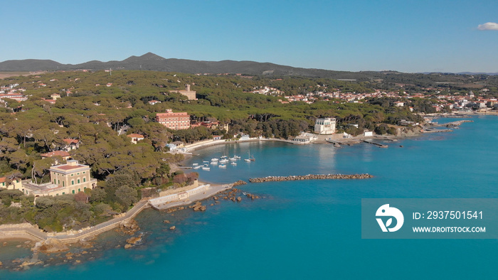 Aerial view of Castiglioncello coastline on a winter sunny day, Italy