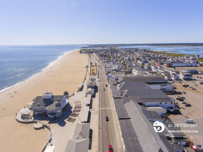 Hampton Beach aerial view including historic waterfront buildings on Ocean Boulevard and Hampton Bea