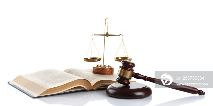 Wooden gavel with justice scales and open book, isolated on white