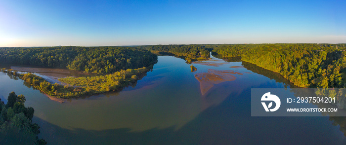 a breathtaking panoramic aerial shot of the Bull Sluice lake and the Chattahoochee river with clouds