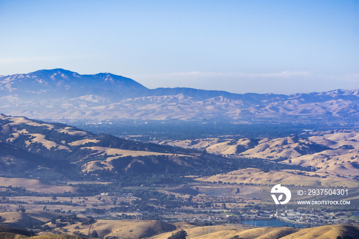 View towards Tri-Valley and Mt Diablo at sunset from Mission Peak, east San Francisco bay area, Cali