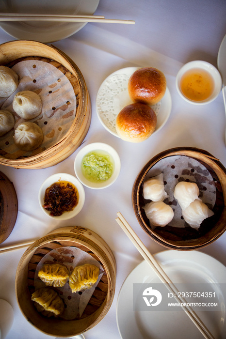 Overhead view of food on table in restaurant