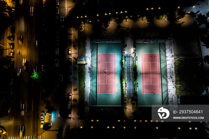 Aerial view of the municipal tennis court in the new park of Thessaloniki at night , Greece