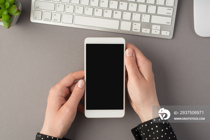 First person top view photo of white keyboard mouse flowerpot and womans hands holding smartphone o