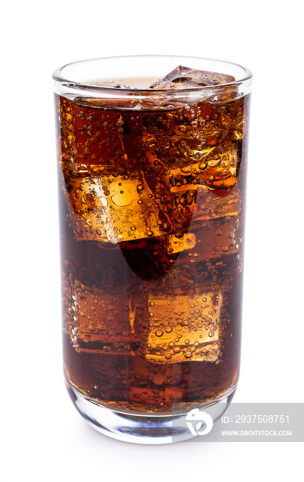 Cola in glass with ice cubes on white background